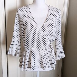 NWT Candie's White and Black Heart Print Wrap Peplum Blouse